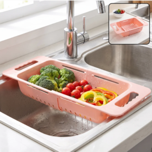 Adjustable Plastic Over the Sink Drain Basket Colander with Handles